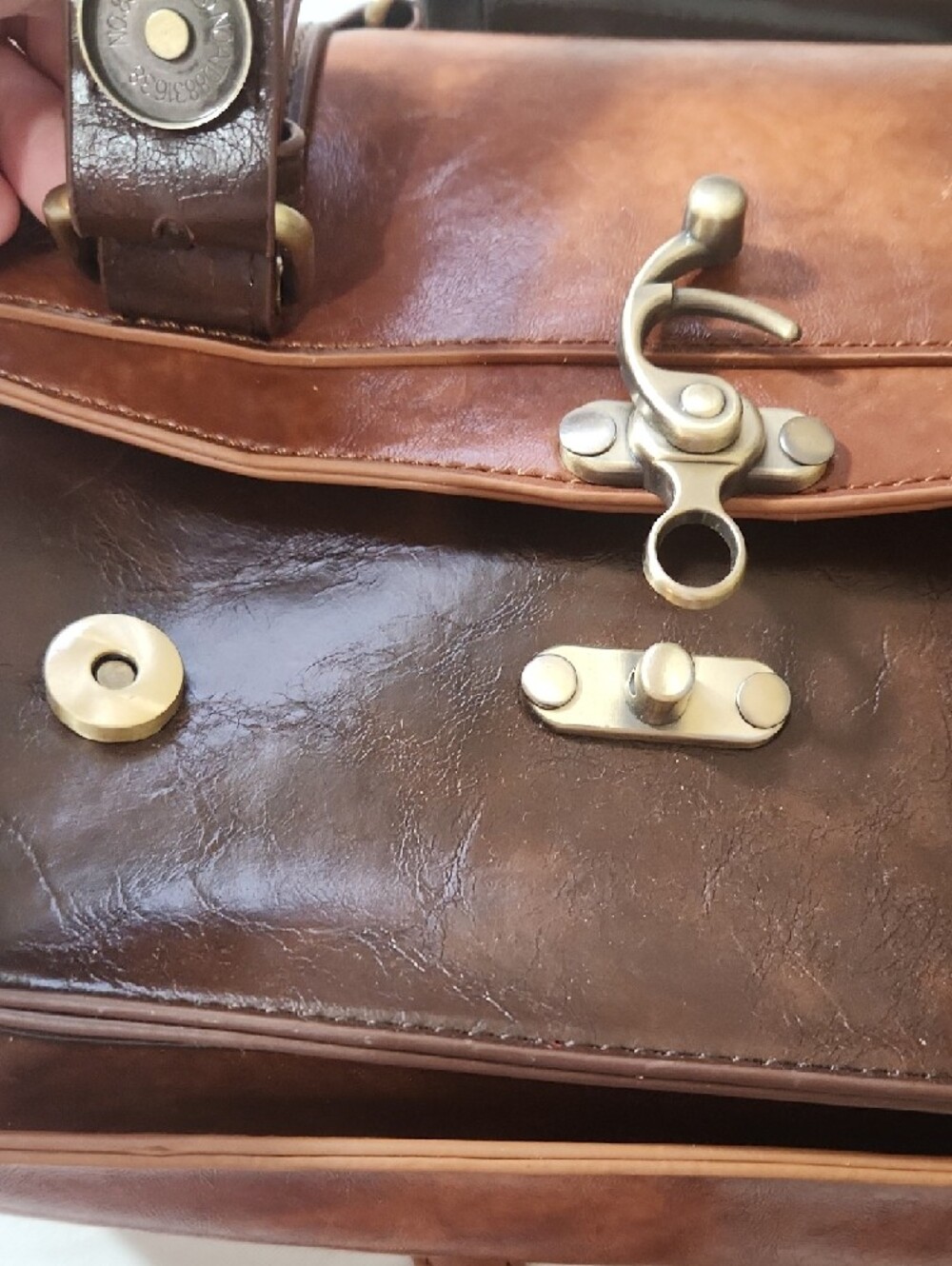 Two-Tone Brown Leather Satchel with Adjustable Strap - Picture 5 of 16